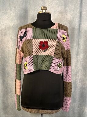 Thorn & Fable Knitted patchwork style cropped sweater junior size XL